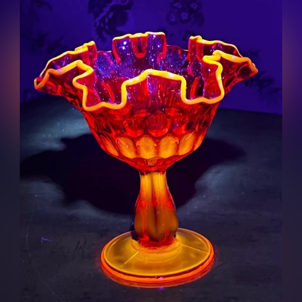 Vintage Fenton Art Glass Amberina Thumbprint 6.25 in Footed Compote UV Glow